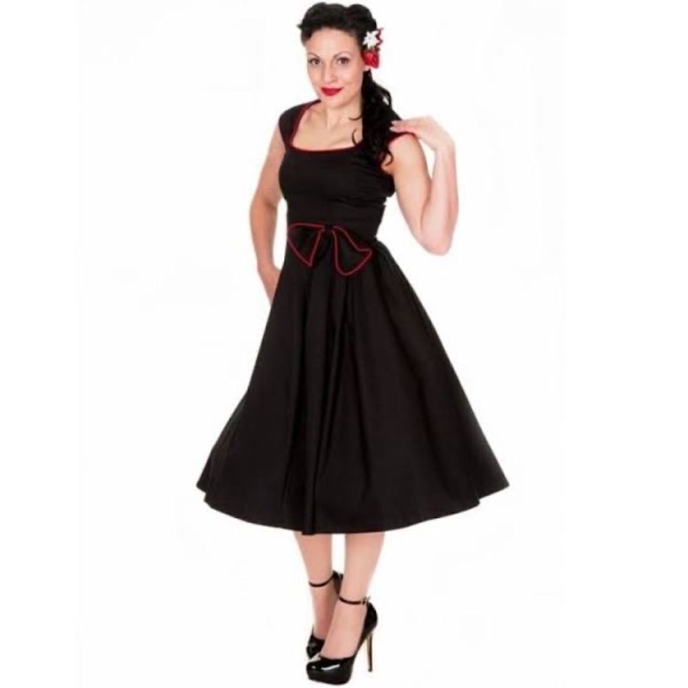 Lindy‎ Bop Black Retro Swing Dress Red Piping Sz S NWT